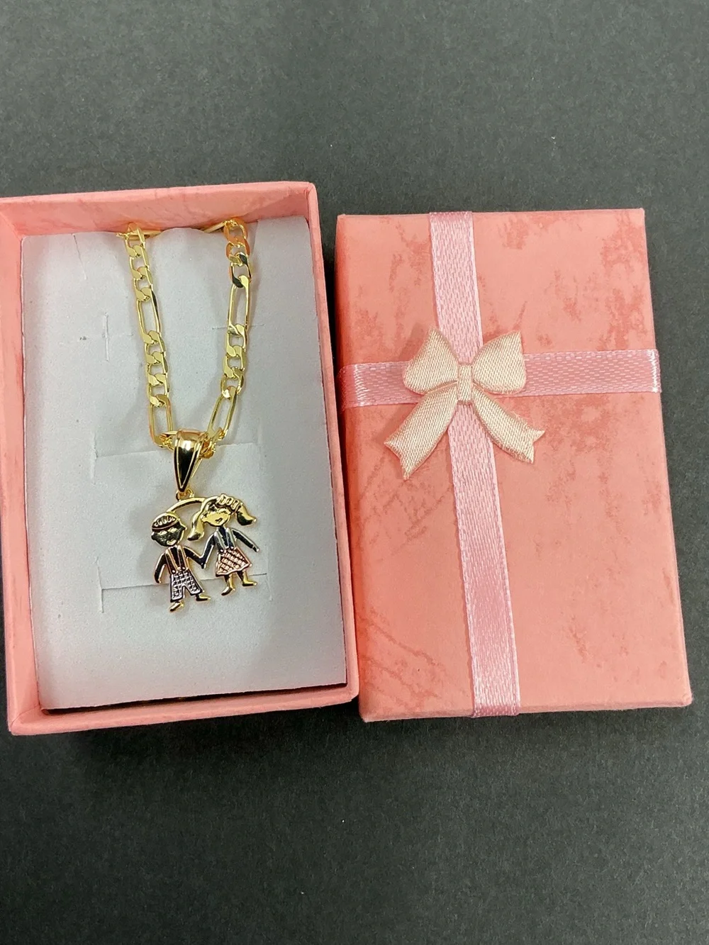 18K Gold-filled Tone kids 1 girl 1 boy Pendant Necklace - Pink Accents